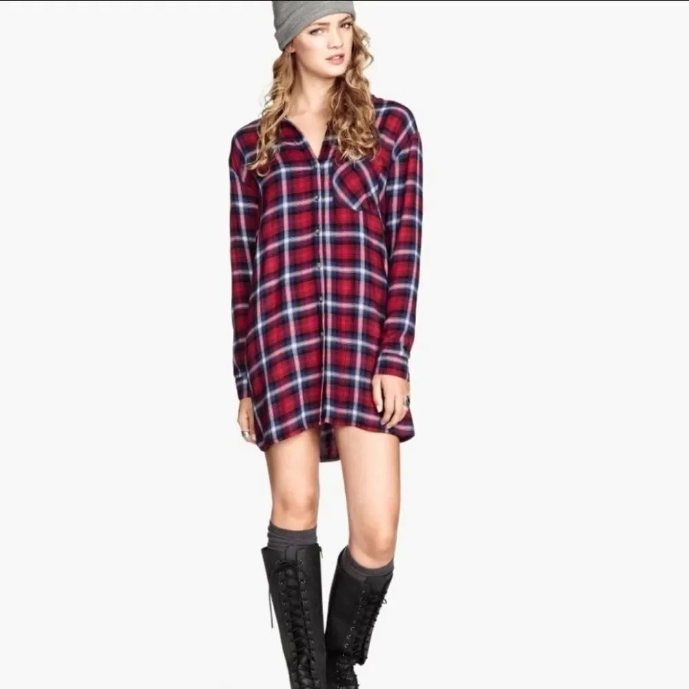🩵H&M Divided Red & Blue Plaid Long Sleeve Dress/Tunic Top Size 10